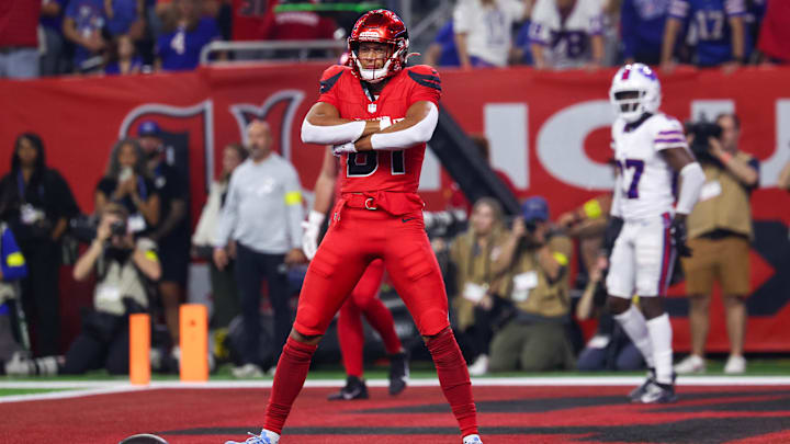 Nov 20, 2025; Houston, Texas, USA; Houston Texans wide receiver Jayden Higgins (81) reacts to his touchdown against the Buffalo Bills in the second half at NRG Stadium. Mandatory Credit: Thomas Shea-Imagn Images