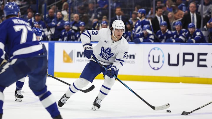 Feb 25, 2026; Tampa, Florida, USA; Toronto Maple Leafs forward Matthew Knies (23) handles the puck against the Tampa Bay Lightning during the second period at Benchmark International Arena. Mandatory Credit: Morgan Tencza-Imagn Images