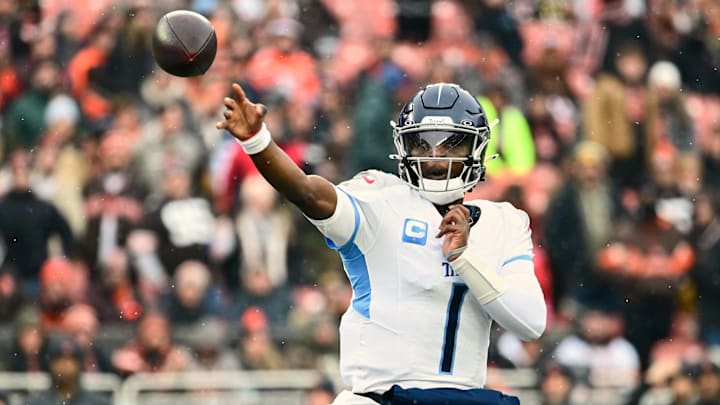 Dec 7, 2025; Cleveland, Ohio, USA; Tennessee Titans quarterback Cam Ward (1) throws a pass against the Cleveland Browns during the first quarter at Huntington Bank Field. Mandatory Credit: Ken Blaze-Imagn Images Dec 7, 2025; Cleveland, Ohio, USA; Tennessee Titans quarterback Cam Ward (1) throws a pass against the Cleveland Browns during the first quarter at Huntington Bank Field. Mandatory Credit: Ken Blaze-Imagn Images
