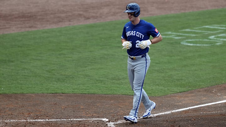 May 1, 2025; St. Petersburg, Florida, USA; Kansas City Royals right fielder Mark Canha (21) scores a run during the sixth inning against the Tampa Bay Rays at George M. Steinbrenner Field. Mandatory Credit: Kim Klement Neitzel-Imagn Images May 1, 2025; St. Petersburg, Florida, USA; Kansas City Royals right fielder Mark Canha (21) scores a run during the sixth inning against the Tampa Bay Rays at George M. Steinbrenner Field. Mandatory Credit: Kim Klement Neitzel-Imagn Images