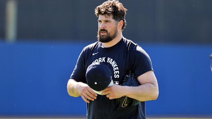 Feb 13, 2026; Tampa, FL, USA; New York Yankees pitcher Carlos Rodon (55) works out during spring training practices at George M. Steinbrenner Field. Mandatory Credit: Kim Klement Neitzel-Imagn Images Feb 13, 2026; Tampa, FL, USA; New York Yankees pitcher Carlos Rodon (55) works out during spring training practices at George M. Steinbrenner Field. Mandatory Credit: Kim Klement Neitzel-Imagn Images