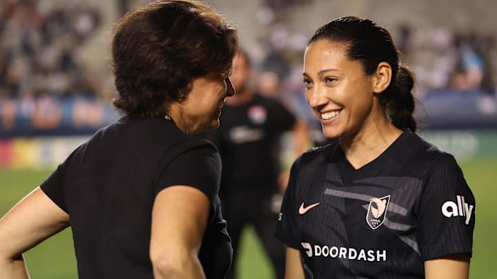 Aug 1, 2024; Los Angeles, California, USA; Angel City FC forward Christen Press (23) celebrates defeating the San Diego Wave FC at BMO Stadium. Mandatory Credit: Kiyoshi Mio-USA TODAY Sports