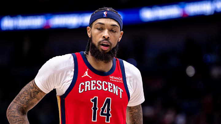 Nov 4, 2024; New Orleans, Louisiana, USA; New Orleans Pelicans forward Brandon Ingram (14) looks on against the Portland Trail Blazers during the second half at Smoothie King Center. Mandatory Credit: Stephen Lew-Imagn Images Nov 4, 2024; New Orleans, Louisiana, USA; New Orleans Pelicans forward Brandon Ingram (14) looks on against the Portland Trail Blazers during the second half at Smoothie King Center. Mandatory Credit: Stephen Lew-Imagn Images