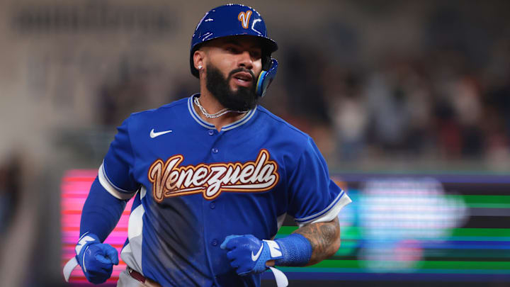 Mar 14, 2026; Miami, FL, United States; Venezuela second baseman Gleyber Torres (25) rounds the bases after a three-run home run by left fielder Wilyer Abreu (not pictured) against Japan in the sixth inning during a quarterfinal game of the 2026 World Baseball Classic at loanDepot Park. Mandatory Credit: Sam Navarro-Imagn Images