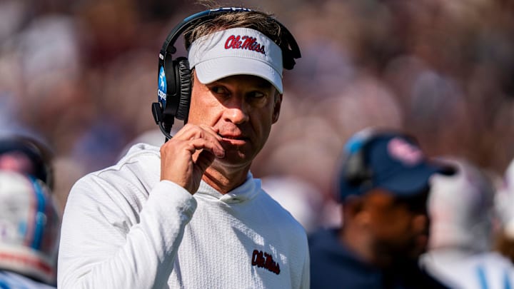 Ole Miss head coach Lane Kiffin walks off the field during a college football game between Mississippi State and Ole Miss at Davis Wade Stadium in Starkville, Miss., on Friday, Nov. 28, 2025. The Egg Bowl game marks the 122nd meeting between the two teams.