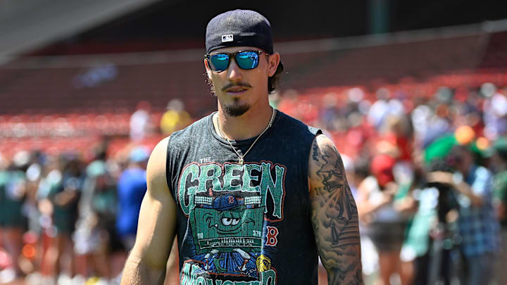 Jun 29, 2025; Boston, Massachusetts, USA; Boston Red Sox left fielder Jarren Duran (16) walks out to take photos with fans before a game against the Toronto Blue Jays at Fenway Park. Mandatory Credit: Eric Canha-Imagn Images