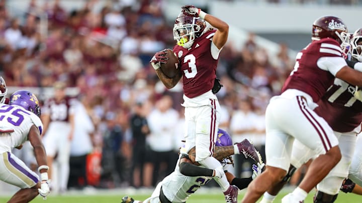 Sep 13, 2025; Starkville, Mississippi, USA; Mississippi State Bulldogs wide receiver Anthony Evans III (3) is tackle during the by Alcorn State Braves defensive back Decorian Patton (22) during the first half at Davis Wade Stadium at Scott Field. Mandatory Credit: Wesley Hale-Imagn Images