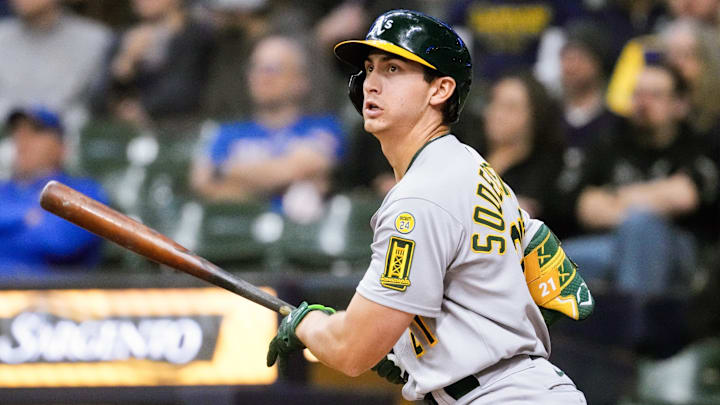 Apr 18, 2025; Milwaukee, Wisconsin, USA; Athletics first baseman Tyler Soderstrom (21) singles during the first inning against the Milwaukee Brewers at American Family Field. Mandatory Credit: Jeff Hanisch-Imagn Images Apr 18, 2025; Milwaukee, Wisconsin, USA; Athletics first baseman Tyler Soderstrom (21) singles during the first inning against the Milwaukee Brewers at American Family Field. Mandatory Credit: Jeff Hanisch-Imagn Images