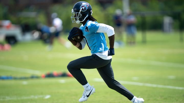 Wide receiver Calvin Ridley (0) runs after a catch during Tennessee Titans practice at Ascension Saint Thomas Sports Park in Nashville, Tenn., Wednesday, May 29, 2024.