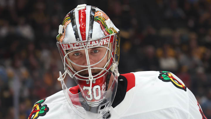 Apr 8, 2025; Pittsburgh, Pennsylvania, USA;  Chicago Blackhawks goaltender Spencer Knight (30) looks on during the first period against the Pittsburgh Penguins at PPG Paints Arena. Mandatory Credit: Charles LeClaire-Imagn Images