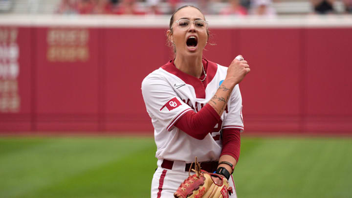 Oklahoma starting pitcher Sam Landry (21) celebrates after the final out of the first inning of a softball game in the Norman Regional of the NCAA Tournament between the University of Oklahoma Sooners (OU) and the California Golden Bears at Love's Field in Norman, Okla., Sunday, May 18, 2025.