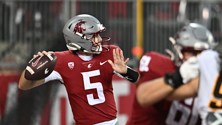 Aug 30, 2025; Pullman, Washington, USA; Washington State Cougars quarterback Jaxon Potter (5) throws a pass against the Idaho Vandals in the first half at Gesa Field at Martin Stadium. Mandatory Credit: James Snook-Imagn Images