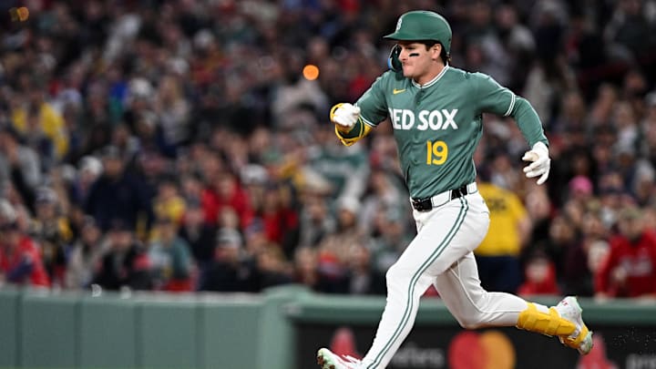 May 1, 2026; Boston, Massachusetts, USA; Boston Red Sox left fielder Roman Anthony (19( runs for second base after hitting a double against the Houston Astros during the fifth inning at Fenway Park. Mandatory Credit: Brian Fluharty-Imagn Images