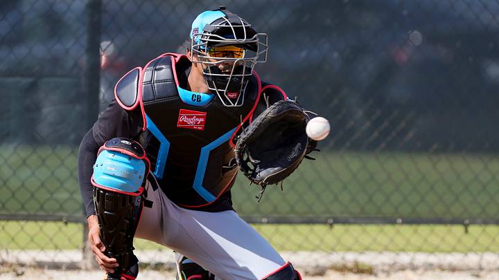 Feb 17, 2024; Jupiter, FL, USA; Miami Marlins catcher Christian Bethancourt (25) practices during a spring training workout at the Marlins Player Development & Scouting Complex. Mandatory Credit: Sam Navarro-USA TODAY Sports Feb 17, 2024; Jupiter, FL, USA; Miami Marlins catcher Christian Bethancourt (25) practices during a spring training workout at the Marlins Player Development & Scouting Complex. Mandatory Credit: Sam Navarro-USA TODAY Sports