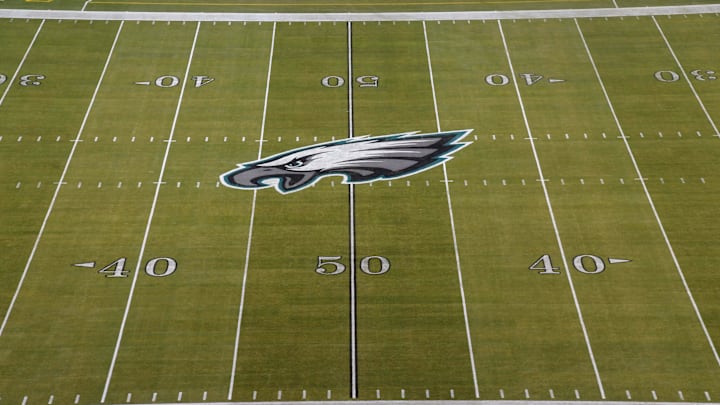 Dec 25, 2017; Philadelphia, PA, USA; General overall view of the Philadelphia Eagles logo at midfield during an NFL football game between the Oakland Raiders and the Philadelphia Eagles at Lincoln Financial Field. Mandatory Credit: Kirby Lee-Imagn Images