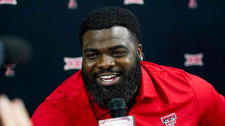Jul 8, 2025; Frisco, TX, USA; Texas Tech defensive lineman Lee Hunter answers questions from the media during 2025 Big 12 Football Media Days at The Star. Mandatory Credit: Raymond Carlin III-Imagn Images