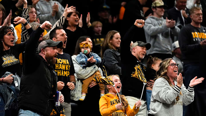 Iowa fans react as Iowa’s Nasir Bailey wins his match over Penn State’s Braeden Davis Jan. 16, 2026 at Carver-Hawkeye Arena in Iowa City, Iowa.