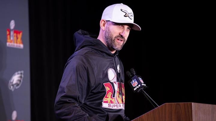 Feb 5, 2025; New Orleans, LA, USA; Philadelphia Eagles head coach Nick Sirianni speaks with the media during a press conference at Hilton New Orleans Riverside.