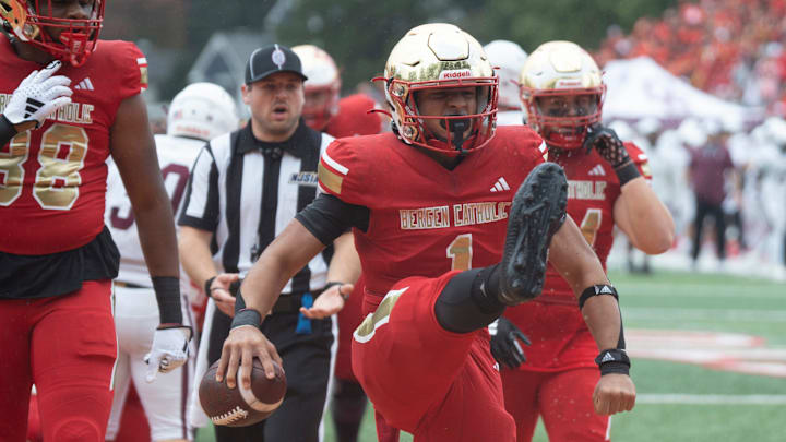 Sep 28, 2024; Oradell, NJ, USA; Don Bosco football at Bergen Catholic. BC #1 Dante Kain celebrates after scoring a touchdown in the first quarter.