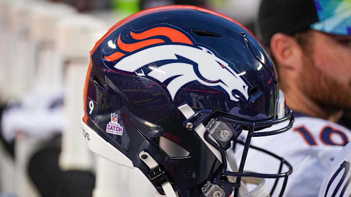 Oct 12, 2023; Kansas City, Missouri, USA; A general view of a Denver Broncos helmet against the Kansas City Chiefs prior to a game at GEHA Field at Arrowhead Stadium. Mandatory Credit: Denny Medley-Imagn Images Oct 12, 2023; Kansas City, Missouri, USA; A general view of a Denver Broncos helmet against the Kansas City Chiefs prior to a game at GEHA Field at Arrowhead Stadium. Mandatory Credit: Denny Medley-Imagn Images