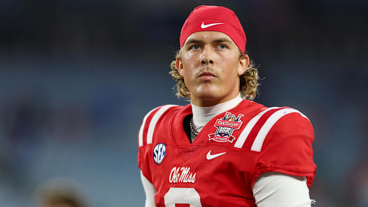 Jan 2, 2025; Jacksonville, FL, USA; Mississippi Rebels quarterback Jaxson Dart (2) warms up before the Gator Bowl against the Duke Blue Devils at EverBank Stadium. Mandatory Credit: Nathan Ray Seebeck-Imagn Images