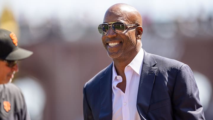 Sep 15, 2024; San Francisco, California, USA; San Francisco Giants legend Barry Bonds smiles before the MLB game between the San Diego Padres and San Francisco Giants at Oracle Park. Mandatory Credit: Bob Kupbens-Imagn Images