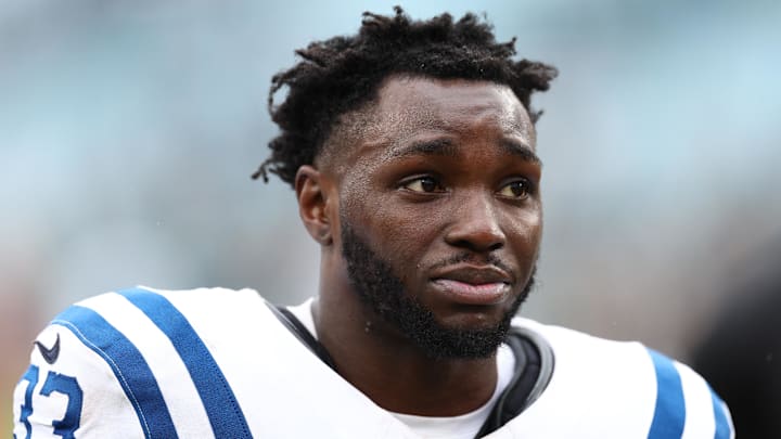 Oct 6, 2024; Jacksonville, Florida, USA; Indianapolis Colts cornerback Samuel Womack III (33) looks on after a game against the Jacksonville Jaguars at EverBank Stadium. Mandatory Credit: Nathan Ray Seebeck-Imagn Images