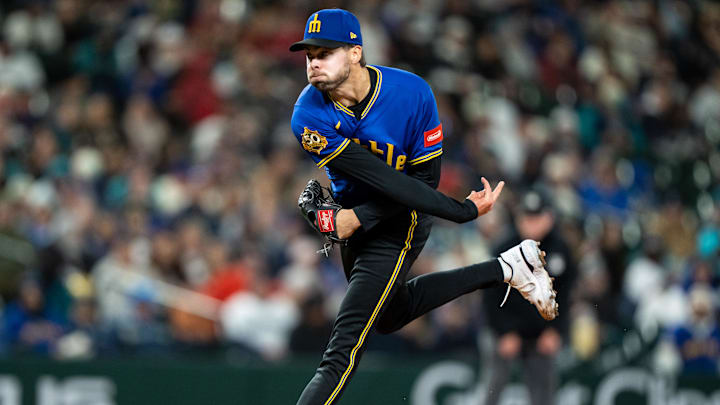 Mar 27, 2026; Seattle, Washington, USA; Seattle Mariners reliever Matt Brash (47) delivers a pitch during the eighth inning against the Cleveland Guardians at T-Mobile Park. Mandatory Credit: Stephen Brashear-Imagn Images