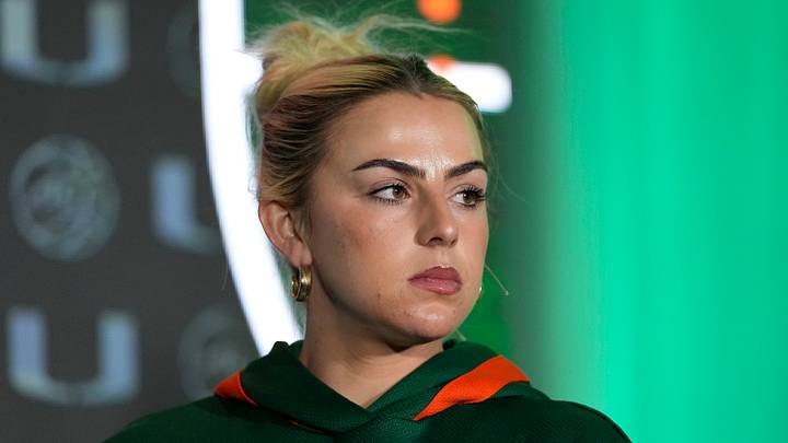 Oct 9, 2024; Charlotte, NC, USA;  Miami player Haley Cavinder during ACC Media Days at The Hilton Charlotte Uptown. Mandatory Credit: Jim Dedmon-Imagn Images