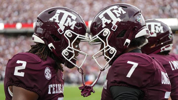 Aug 30, 2025; College Station, Texas, USA; Texas A&M Aggies wide receivers Terry Bussey (2) and KC Concepcion (7) celebrate after a touchdown in the first quarter against the UTSA Roadrunners at Kyle Field. Mandatory Credit: Sean Thomas-Imagn Images Aug 30, 2025; College Station, Texas, USA; Texas A&M Aggies wide receivers Terry Bussey (2) and KC Concepcion (7) celebrate after a touchdown in the first quarter against the UTSA Roadrunners at Kyle Field. Mandatory Credit: Sean Thomas-Imagn Images