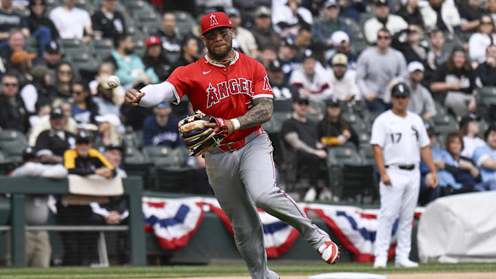 Mar 29, 2025; Chicago, Illinois, USA; Los Angeles Angels third base Yoán Moncada (5) throws out Chicago White Sox catcher Matt Thaiss (29) during the fifth inning Guaranteed Rate Field. Mandatory Credit: Matt Marton-Imagn Images Mar 29, 2025; Chicago, Illinois, USA; Los Angeles Angels third base Yoán Moncada (5) throws out Chicago White Sox catcher Matt Thaiss (29) during the fifth inning Guaranteed Rate Field. Mandatory Credit: Matt Marton-Imagn Images