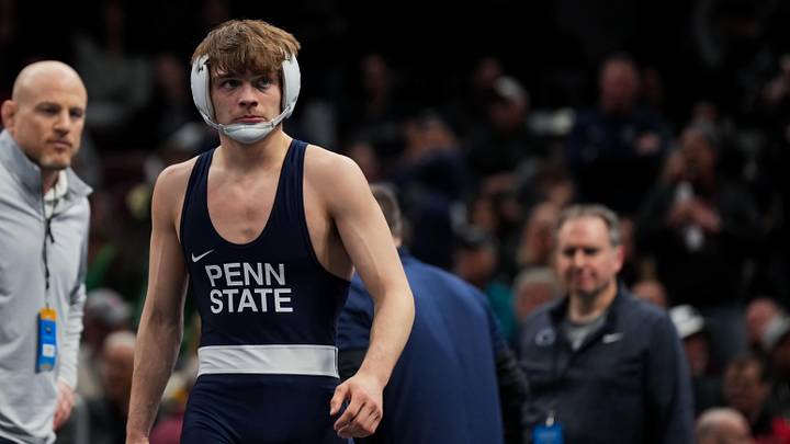 Penn State Nittany Lions wrestler Marcus Blaze competes at the NCAA Wrestling Championship at Rocket Arena. Penn State Nittany Lions wrestler Marcus Blaze competes at the NCAA Wrestling Championship at Rocket Arena.