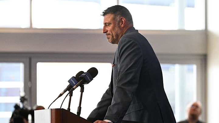 Jan 13, 2025; Foxborough, MA, USA; Mike Vrabel addresses media at a press conference to announce his hiring as the New England Patriots head coach at Gillette Stadium. Mandatory Credit: Eric Canha-Imagn Images