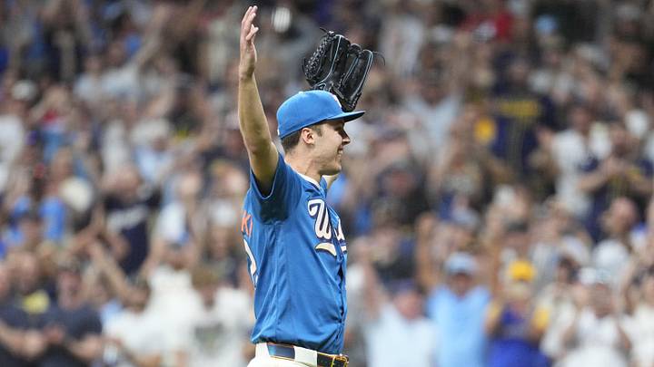 Jun 12, 2026; Milwaukee, Wisconsin, USA; Milwaukee Brewers pitcher Jacob Misiorowski (32) celebrate a nine innings 6-0 win over the Philadelphia Phillies at American Family Field. Misiorowski (32) pitched all nine innings of the game.