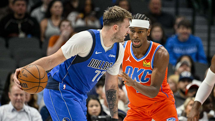 Dec 2, 2023; Dallas, Texas, USA; Dallas Mavericks guard Luka Doncic (77) and Oklahoma City Thunder
