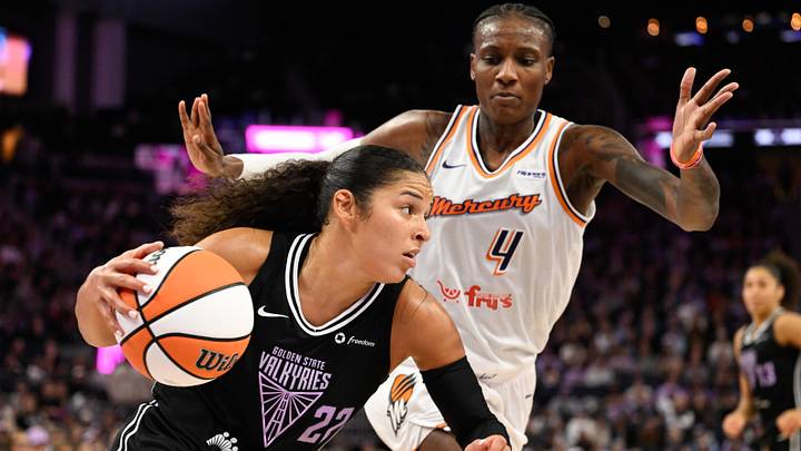 Aug 19, 2025; San Francisco, California, USA; Golden State Valkyries guard Veronica Burton (22) drives to the basket against Phoenix Mercury center Natasha Mack (4) in the fourth quarter at Chase Center. Mandatory Credit: Eakin Howard-Imagn Images