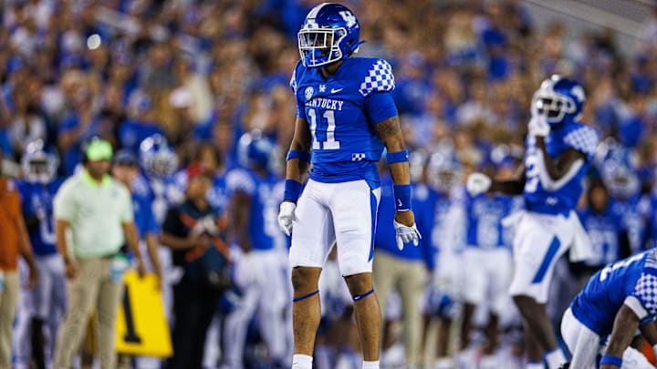 Kentucky Wildcats defensive back Zion Childress celebrates a stop during the third quarter against the Northern Illinois Huskies at Kroger Field.