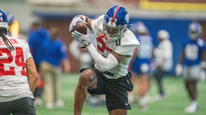 New York Giants safety Tyler Nubin (27) catches a ball in a drill during Mandatory Minicamp at Quest Diagnostics Giants Training Center in East Rutherford on Tuesday, June 17, 2025.