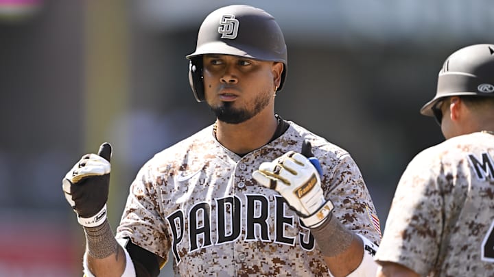Aug 10, 2025; San Diego, California, USA; San Diego Padres first baseman Luis Arraez (4) gestures after hitting a single during the seventh inning against the Boston Red Sox at Petco Park. Mandatory Credit: Denis Poroy-Imagn Images Aug 10, 2025; San Diego, California, USA; San Diego Padres first baseman Luis Arraez (4) gestures after hitting a single during the seventh inning against the Boston Red Sox at Petco Park. Mandatory Credit: Denis Poroy-Imagn Images