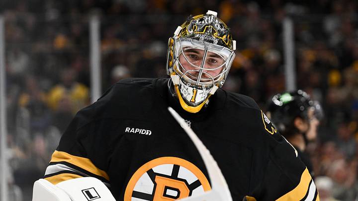 Apr 23, 2026; Boston, Massachusetts, USA; Boston Bruins goaltender Jeremy Swayman (1) skates during a timeout against the Buffalo Sabres during the second period of game three of the first round of the 2026 Stanley Cup Playoffs at the TD Garden. Mandatory Credit: Brian Fluharty-Imagn Images Apr 23, 2026; Boston, Massachusetts, USA; Boston Bruins goaltender Jeremy Swayman (1) skates during a timeout against the Buffalo Sabres during the second period of game three of the first round of the 2026 Stanley Cup Playoffs at the TD Garden. Mandatory Credit: Brian Fluharty-Imagn Images