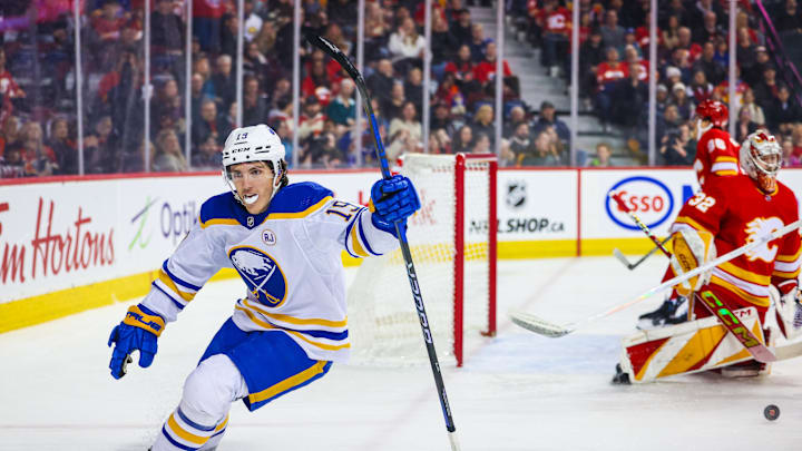 Mar 24, 2024; Calgary, Alberta, CAN; Buffalo Sabres center Peyton Krebs (19) celebrates his goal