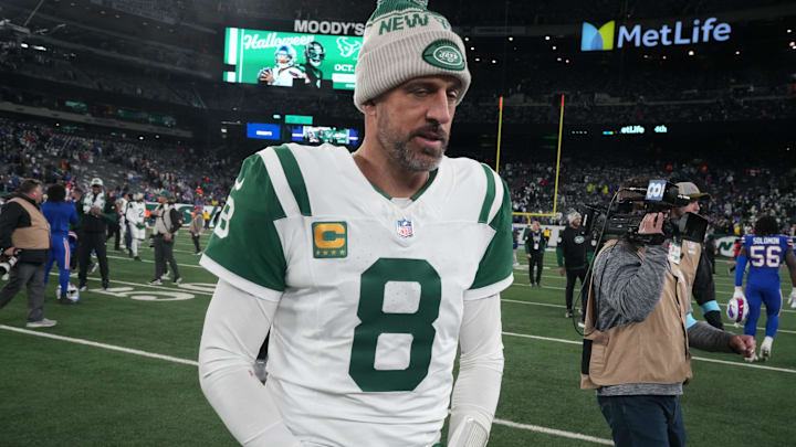 East Rutherford, NJ -- October 14, 2024 -- Aaron Rodgers of the Jets leaves the field at the end of the game. The Buffalo Bills came to MetLife Stadium to play the NY Jets. The Jets played their first game under new interim head coach Jeff Ulbrich.
