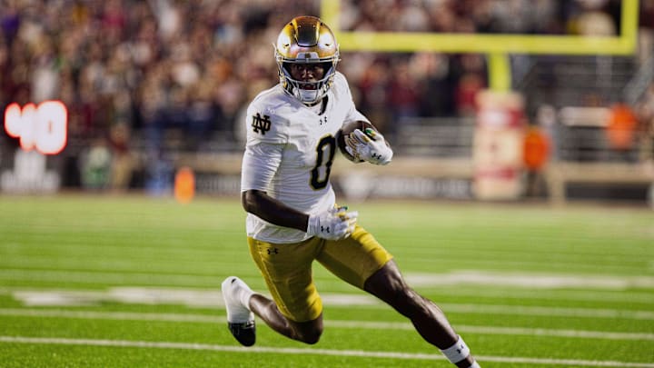 Nov 1, 2025; Chestnut Hill, Massachusetts, USA; Notre Dame Fighting Irish wide receiver Malachi Fields (0) runs after a catch in the fourth quarter against the Boston College Eagles at Alumni Stadium. Mandatory Credit: Edward Finan-Imagn Images Nov 1, 2025; Chestnut Hill, Massachusetts, USA; Notre Dame Fighting Irish wide receiver Malachi Fields (0) runs after a catch in the fourth quarter against the Boston College Eagles at Alumni Stadium. Mandatory Credit: Edward Finan-Imagn Images