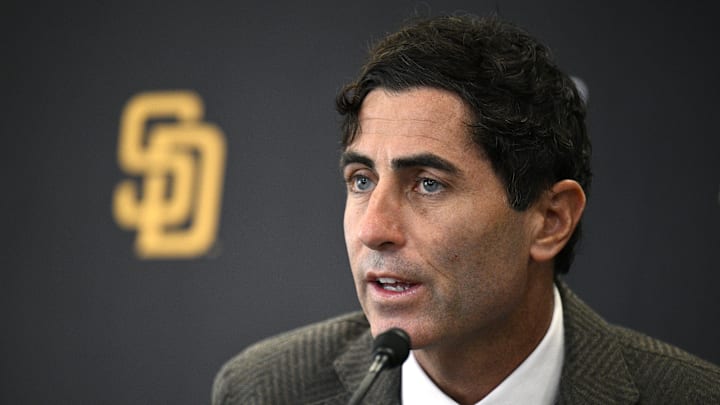 Nov 21, 2023; San Diego, CA, USA; San Diego Padres president of baseball operations and general manager A.J. Preller speaks to the media during a press conference announcing the hiring of manager Mike Shildt (not pictured) at Petco Park. Mandatory Credit: Orlando Ramirez-Imagn Images
