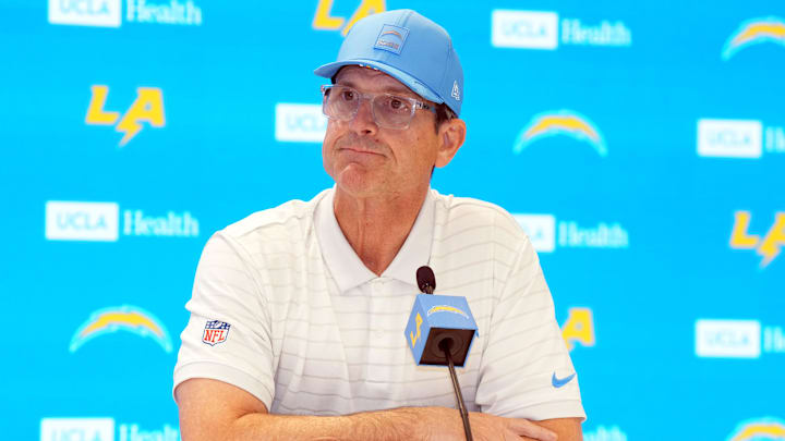 Jan 15, 2026; El Segundo, CA, USA; Los Angeles Chargers coach Jim Harbaugh at press conference at The Bolt. Mandatory Credit: Kirby Lee-Imagn Images Jan 15, 2026; El Segundo, CA, USA; Los Angeles Chargers coach Jim Harbaugh at press conference at The Bolt. Mandatory Credit: Kirby Lee-Imagn Images