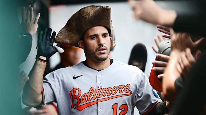 Jul 24, 2025; Cleveland, Ohio, USA; Baltimore Orioles left fielder Ramon Laureano (12) celebrates after hitting a home run during the first inning against the Cleveland Guardians at Progressive Field. Mandatory Credit: Ken Blaze-Imagn Images Jul 24, 2025; Cleveland, Ohio, USA; Baltimore Orioles left fielder Ramon Laureano (12) celebrates after hitting a home run during the first inning against the Cleveland Guardians at Progressive Field. Mandatory Credit: Ken Blaze-Imagn Images