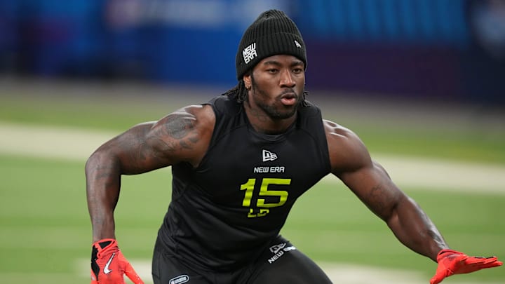 Feb 27, 2025; Indianapolis, IN, USA; Oklahoma State linebacker Nick Martin (LB15) participates in drills during the 2025 NFL Combine at Lucas Oil Stadium. Mandatory Credit: Kirby Lee-Imagn Images