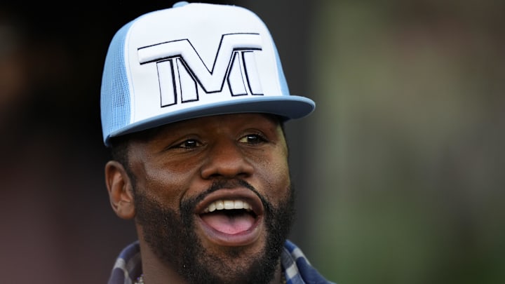 Aug 30, 2023; Fort Lauderdale, Florida, USA; Floyd Mayweather watches Inter Miami and Nashville SC practice  before the game at DRV PNK Stadium. Mandatory Credit: Rich Storry-Imagn Images