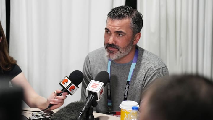 Mar 31, 2025; Palm Beach, FL, USA;  Cleveland Browns head coach Kevin Stefanski answers questions from the media during the NFL Annual League Meeting at The Breakers. Mandatory Credit: Jim Rassol-Imagn Images