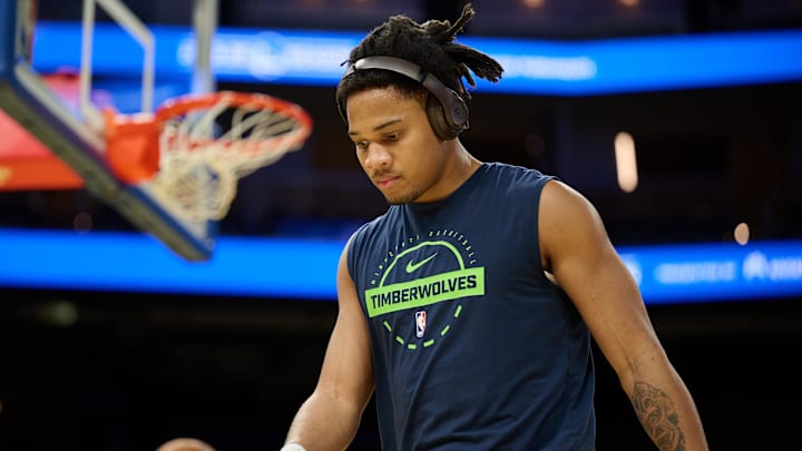 Dec 12, 2025; San Francisco, California, USA; Minnesota Timberwolves guard Terrence Shannon Jr. (1) warms up before the game against the Golden State Warriors at Chase Center. Mandatory Credit: Robert Edwards-Imagn Images